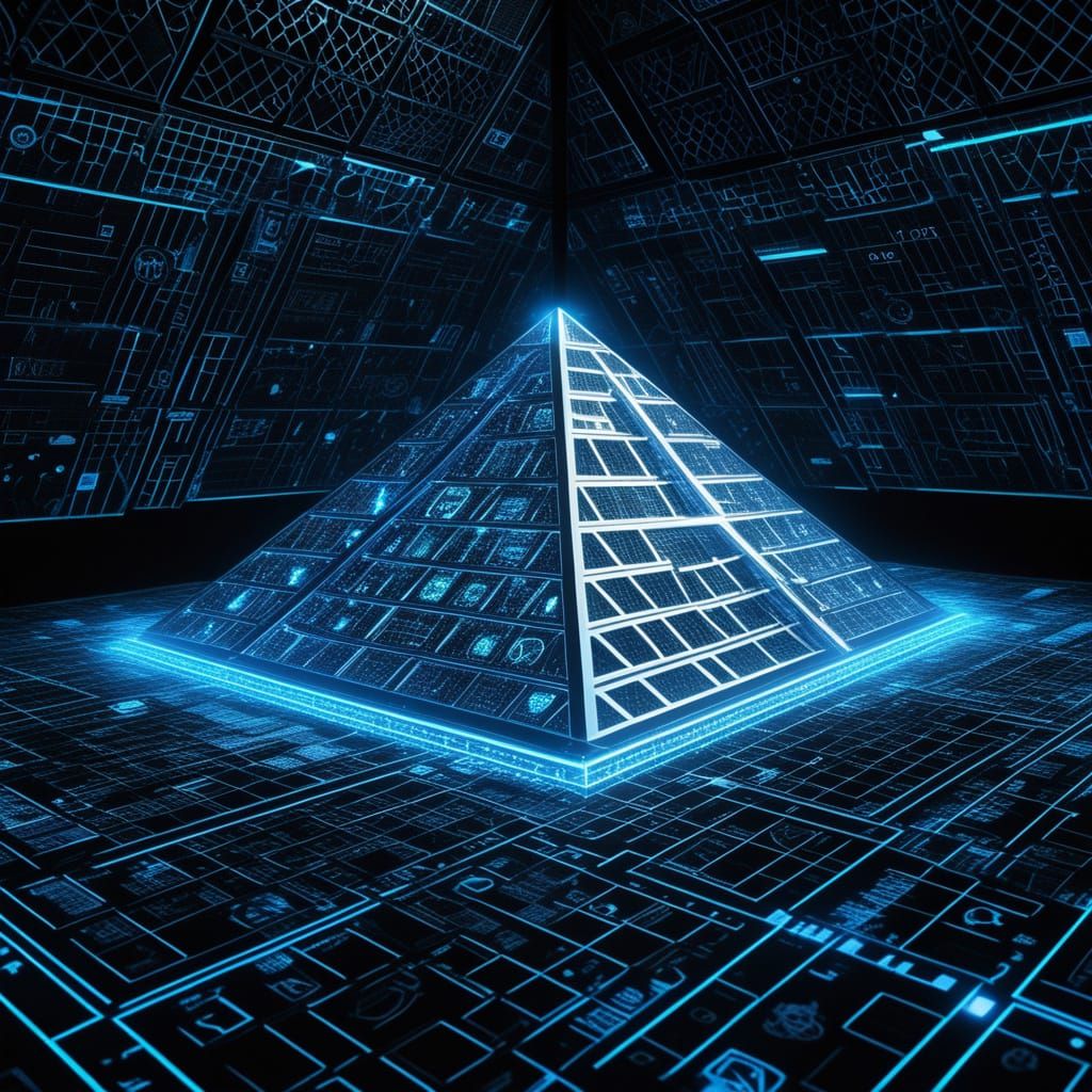 Gleaming Pyramid Spaceship with Neon Hieroglyphs