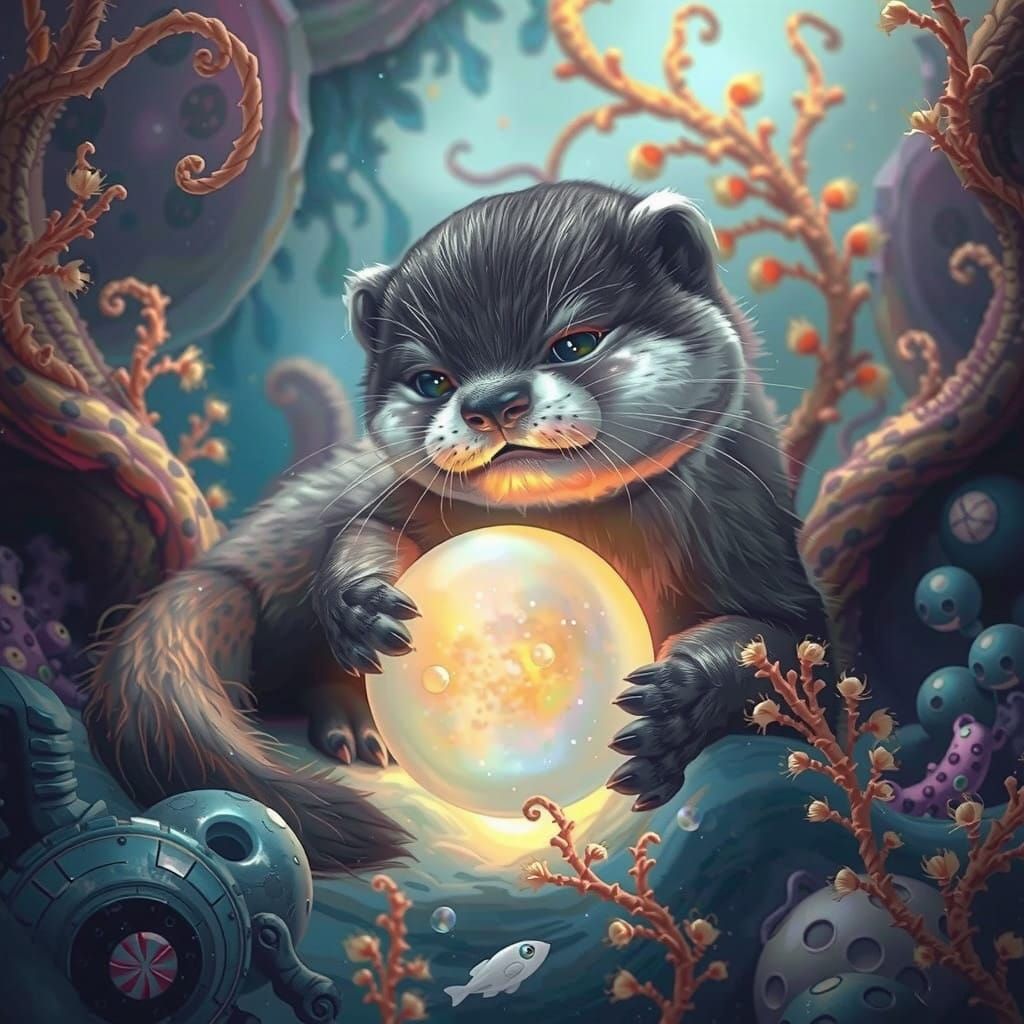 Sleek Sea Otter Cat Hybrid Plays with Glowing Orb in Whimsic...