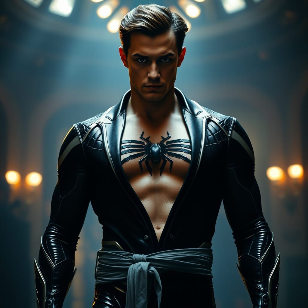 Spider Villain with Cobwebbed Abs in Film Style