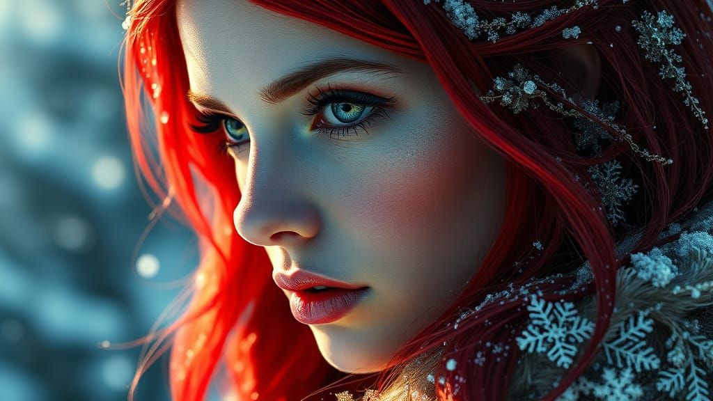 Glamorous Snow Queen with Red Hair and Green Eyes