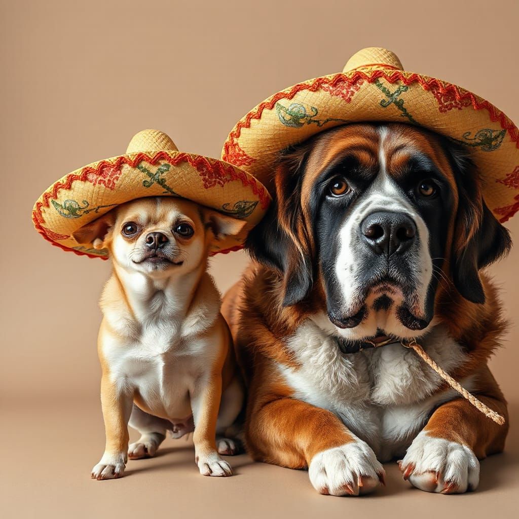 Chihuahua and Saint Bernard with Sombreros