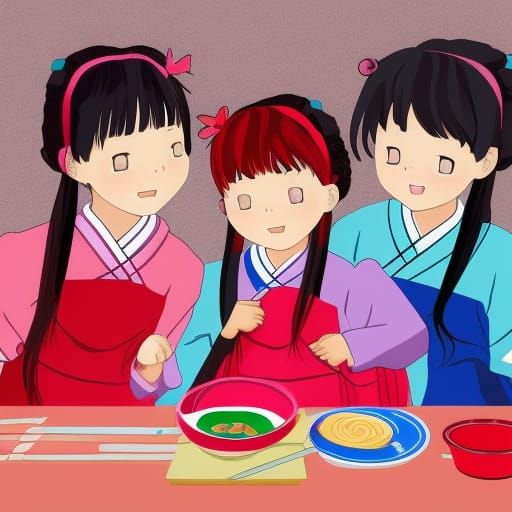 Anime Mother and Daughter Eating Ramen, Ghibli Style