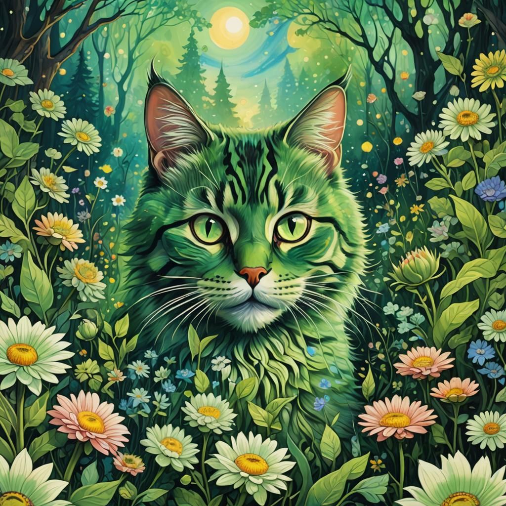 Green Forest Cats in Louis Wain Style