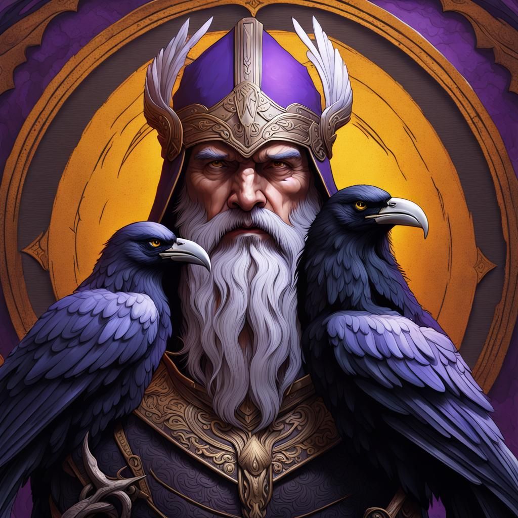 Odin Portrait with Ravens in Dark Fantasy Style