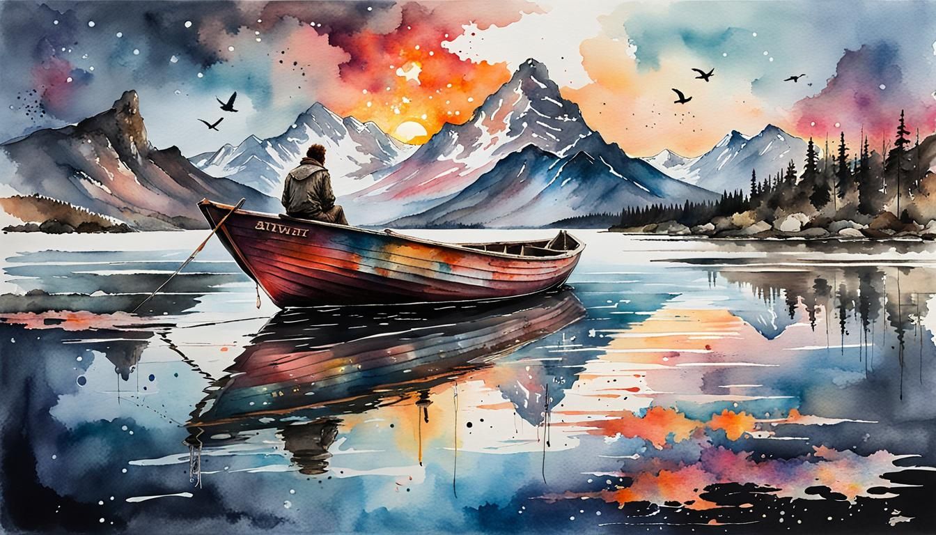 Lonely Man on Lake in Watercolour Inkpunk Style
