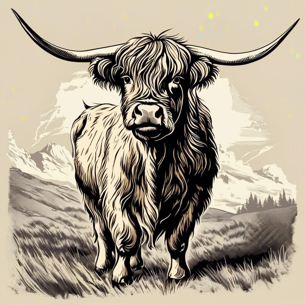Cute Highland Cow Vintage Clipart Illustration
