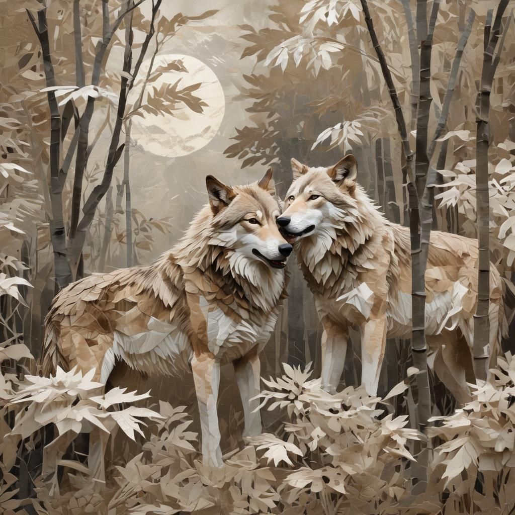 Wolves Fight in Misty Forest: Paper Collage Art
