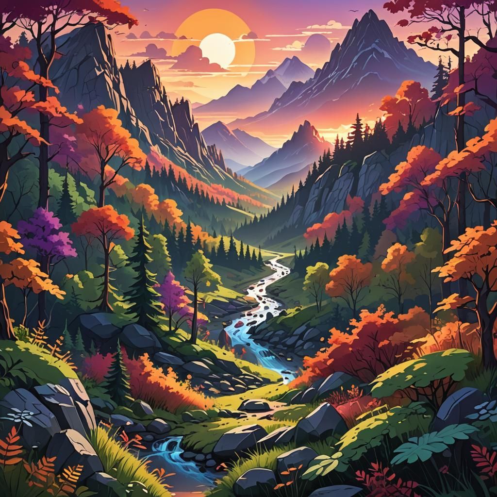 Colorful Vector Forest Landscape with Sunset, Fantasy Art