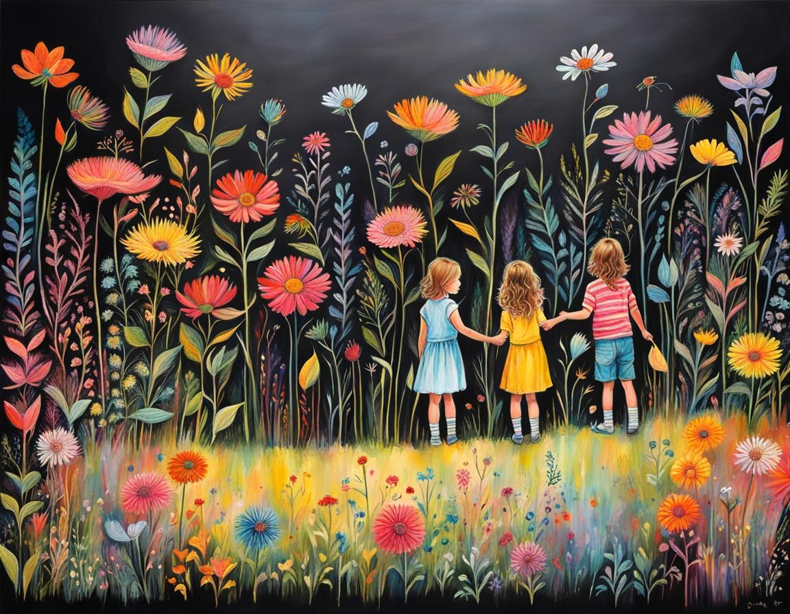 Children Paint a Vibrant Wildflower Meadow on a Blackboard
