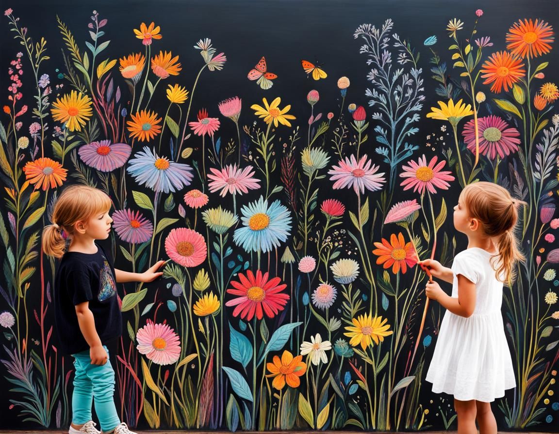 Children's Chalk Art Wildflower Meadow in Pastel Colours