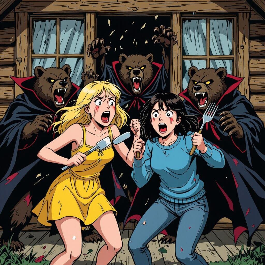 Vampire Bear Attack on Log Cabin: Horror Illustration