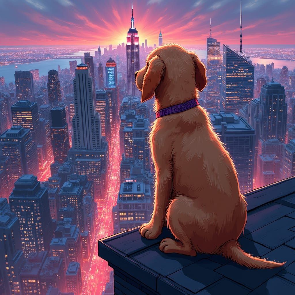 Golden Retriever Puppy Overlooks Vibrant New York Cityscape
