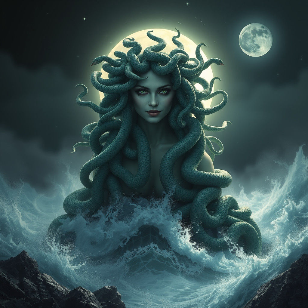 Mystical Medusa Emerges from the Sea at Night