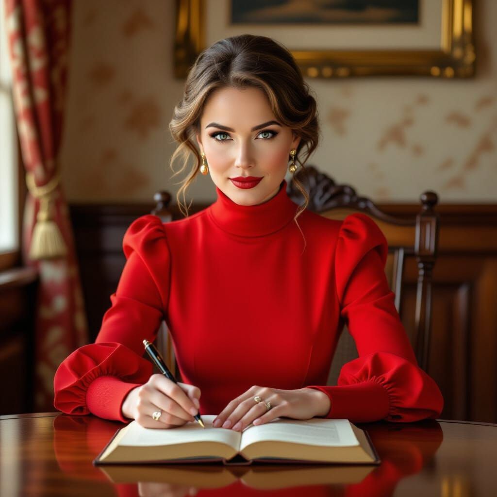 Elegant Woman Writing in Hyperrealistic Style