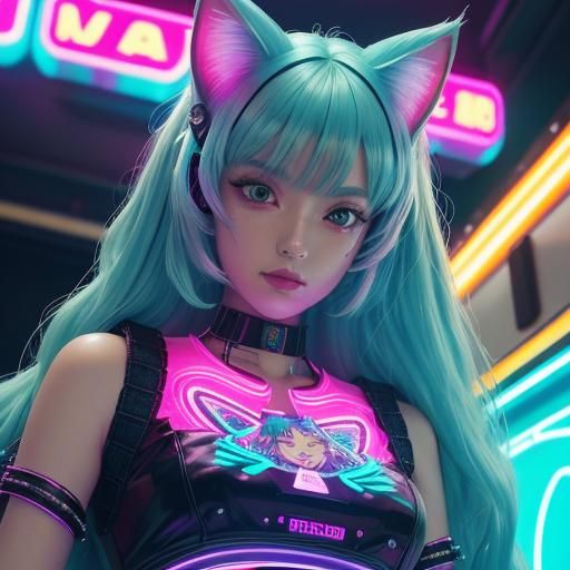 Holographic Cat Girl Figurine in Neon Arcade
