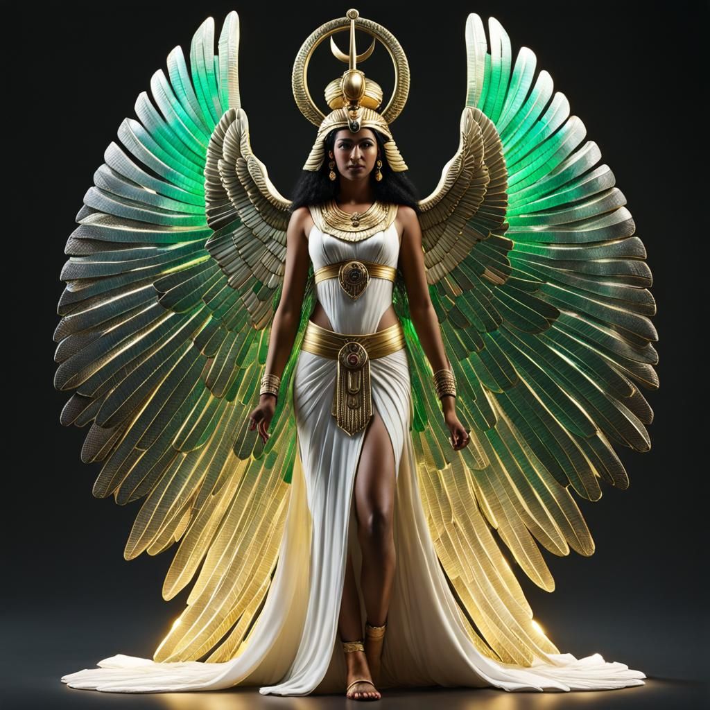 Egyptian Goddess Isis with Crystal Wings in Neon Art