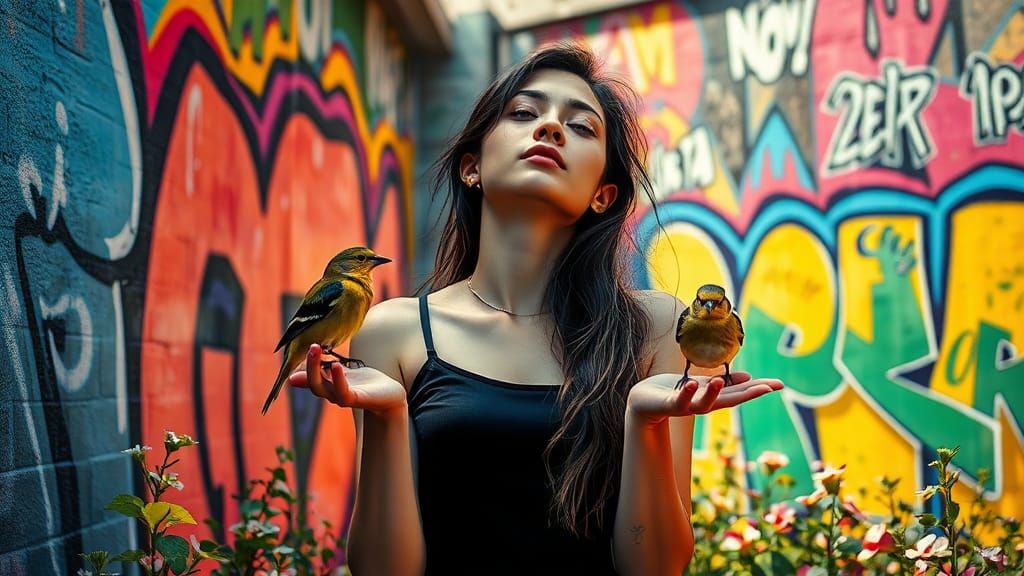 Woman in Graffiti Garden: Hyperrealistic Spring Scene