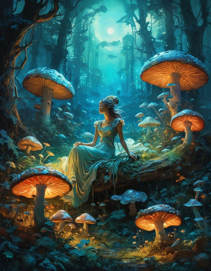 Ancient Goddess Sleeping Amidst Giant Glowing Mushrooms