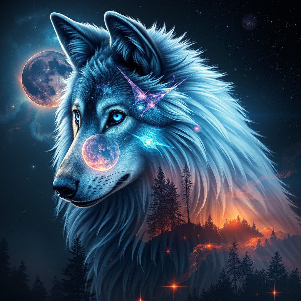 Cosmic Wolf with Starry Dreamscape