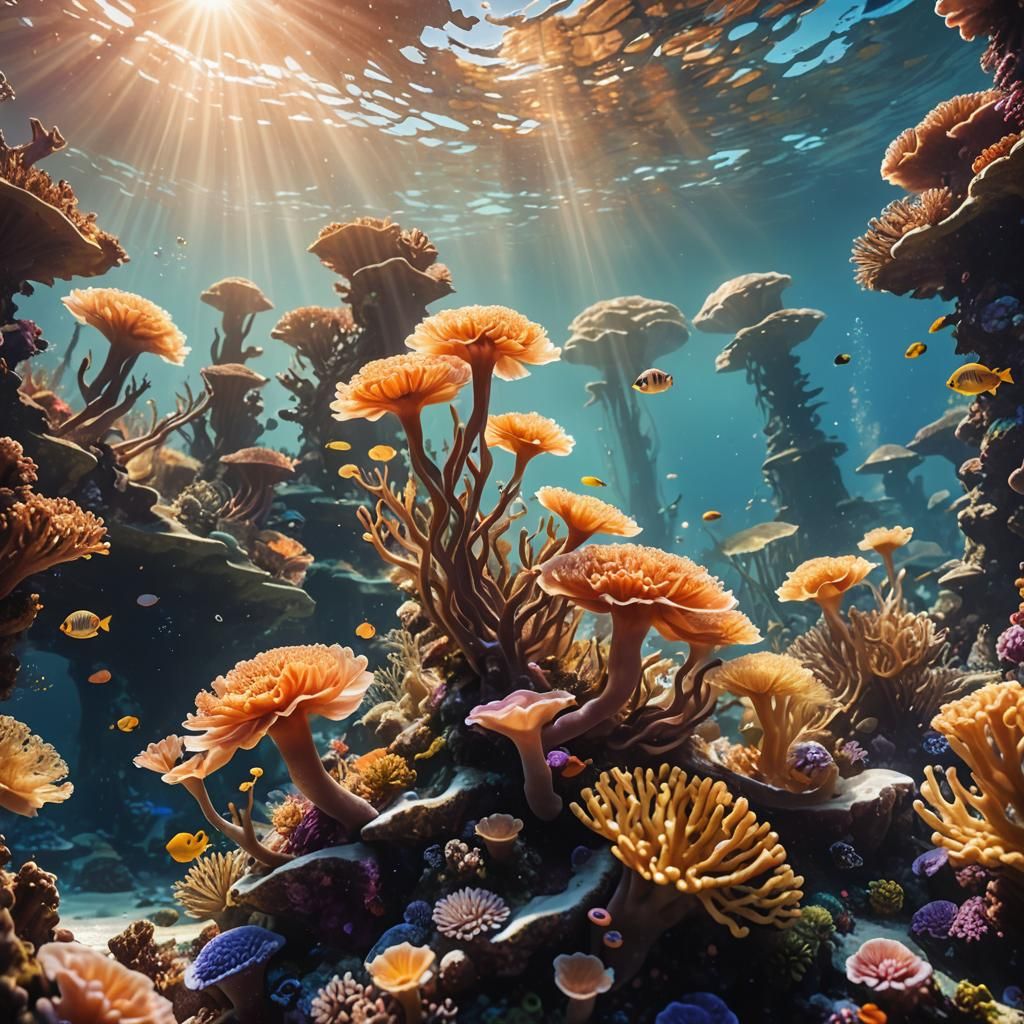 Underwater Coral Reef with Futuristic City Concept Art
