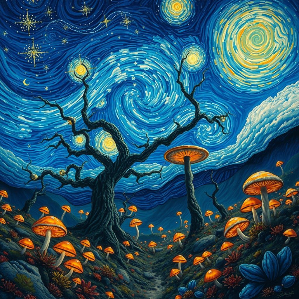 Surreal, Upside-Down Landscape of Twisted Trees and Glowing...