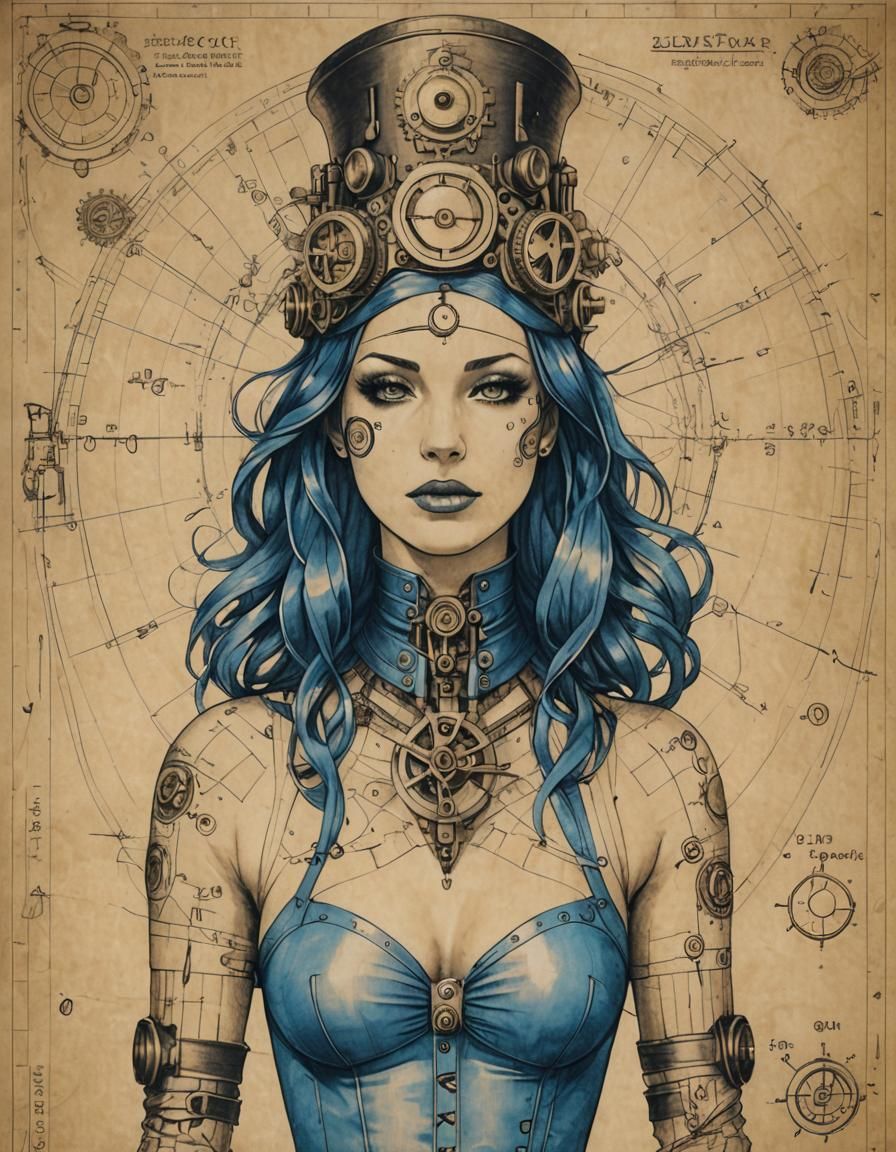 Steampunk Goddess Blueprint on Wrinkled Paper