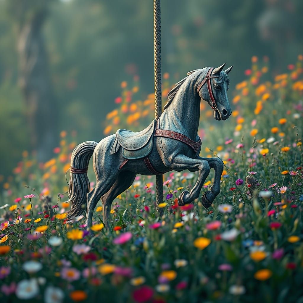 Majestic Carousel Horse Amidst Vibrant Wildflowers in Fantas...