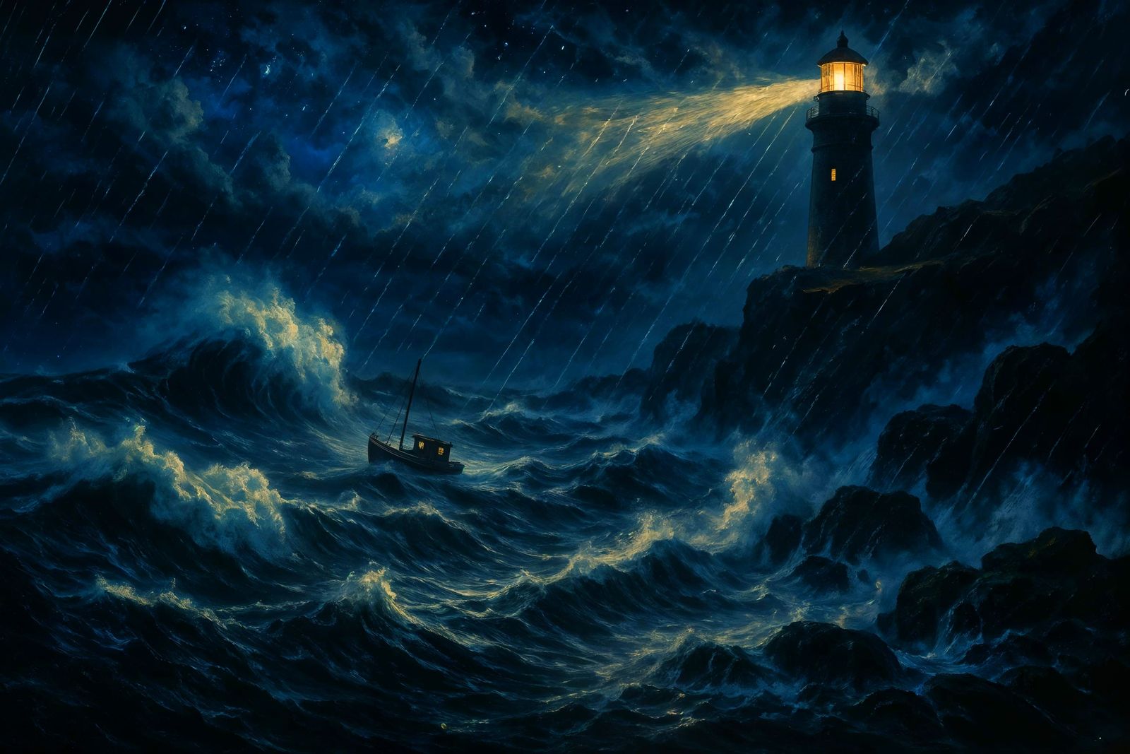 Stormy Sea at Night: Lighthouse Beacon Illustration
