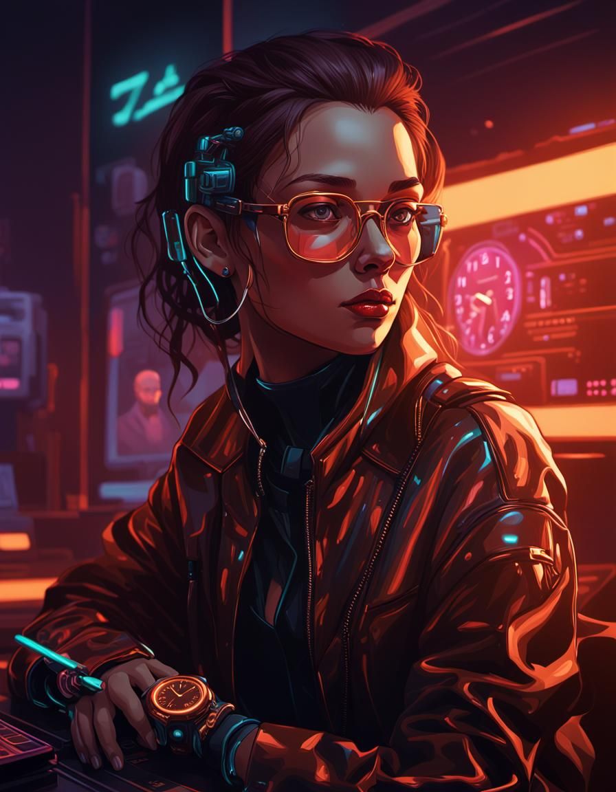 Cyberpunk Woman at Computer Desk Digital Painting