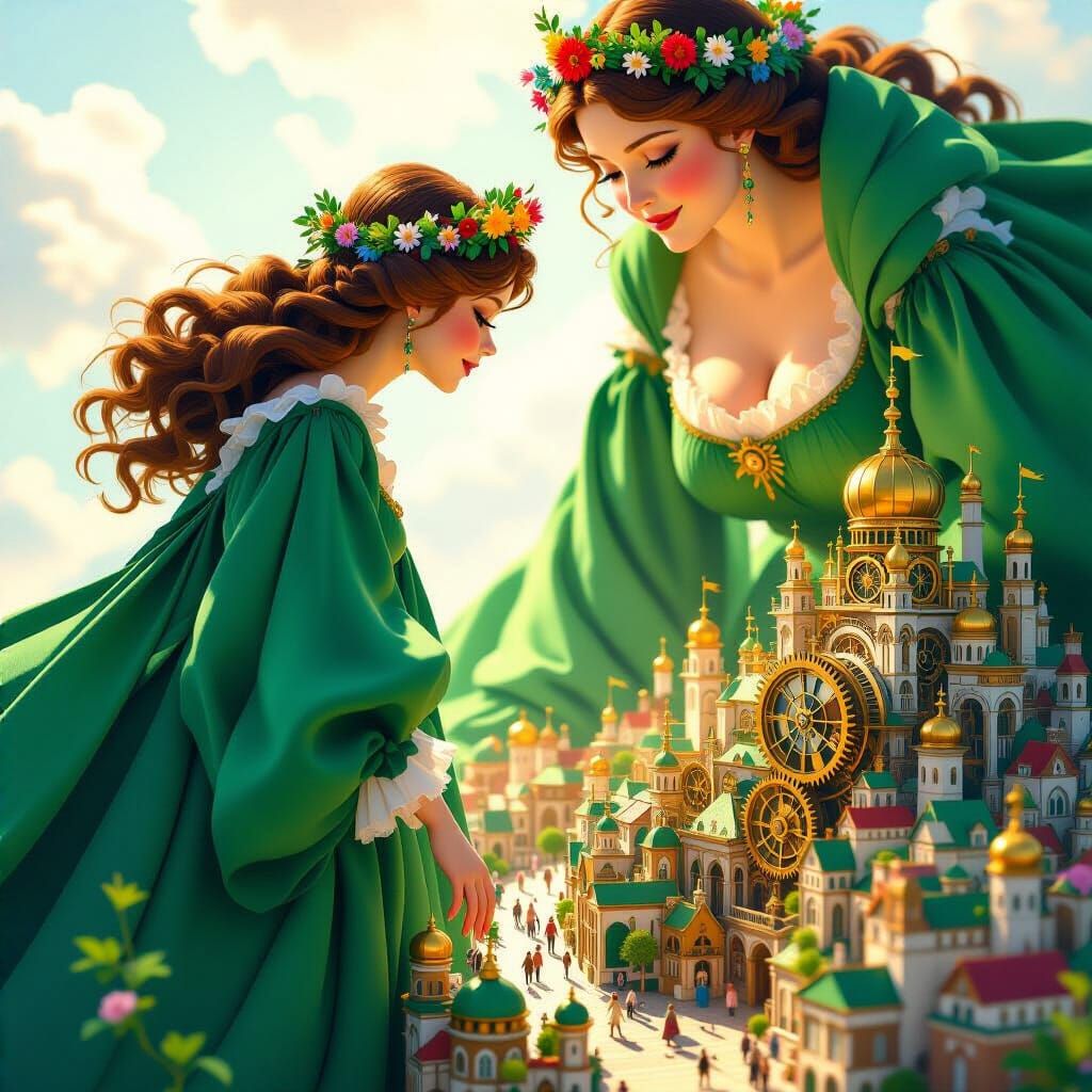 Giantess Surveys Clockwork City in Storybook Style