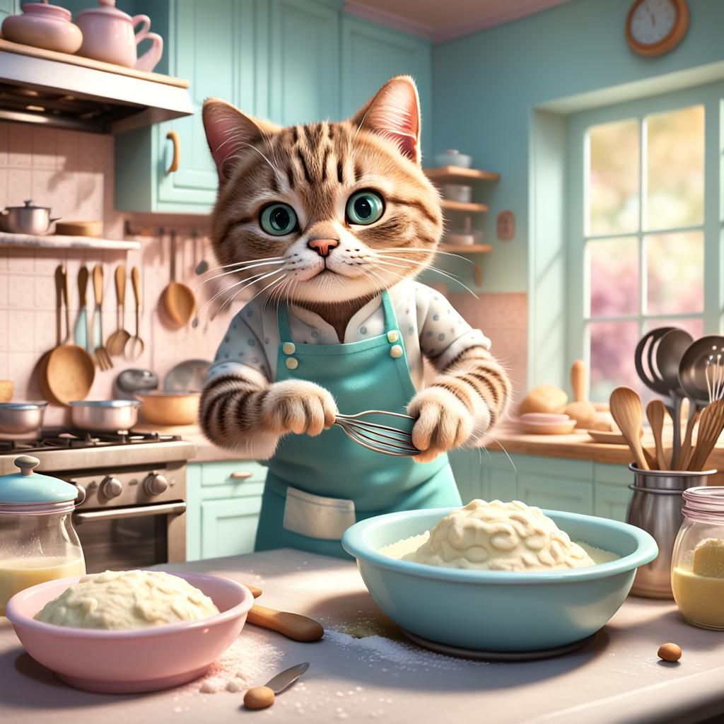A cat baker expertly kneading dough in the  kitchen.