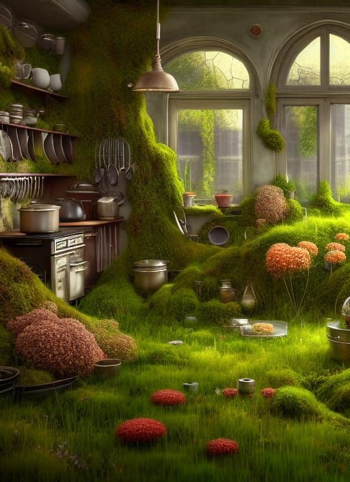 Glass Kitchen Overgrown with Flowers in Detailed Painting