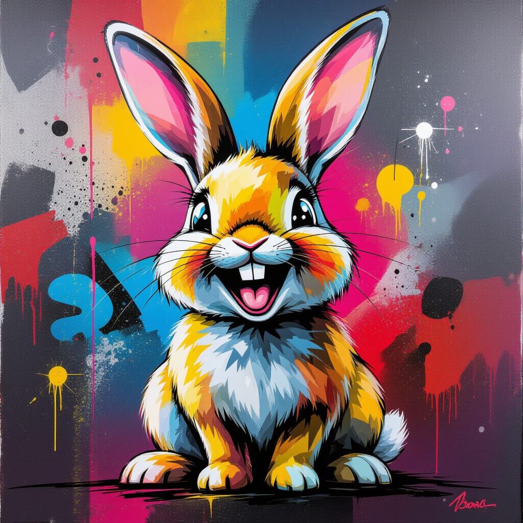 Laughing Bunny in Vibrant Street Art Style