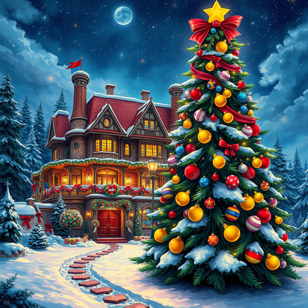 Festive Christmas at Mario's Mansion in Street Art Style