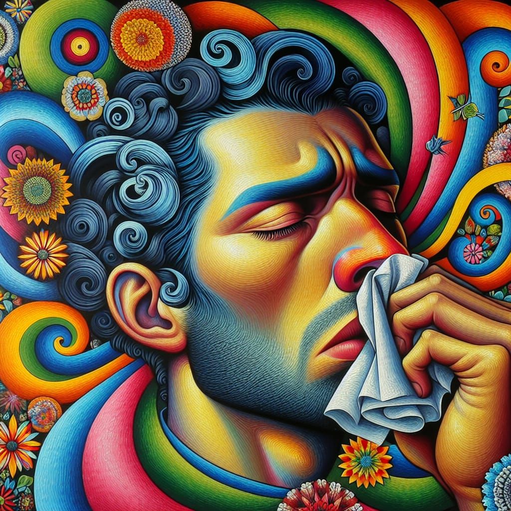 Man Sneezing Amidst Swirling Flowers Illustration