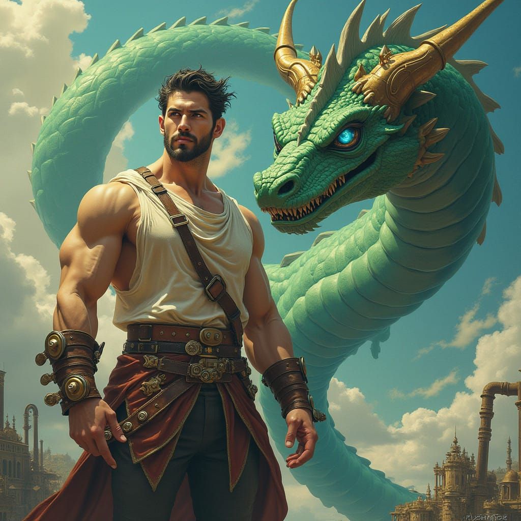 Tall, Muscular Hero Stands with Green Dragon in Surreal Stea...