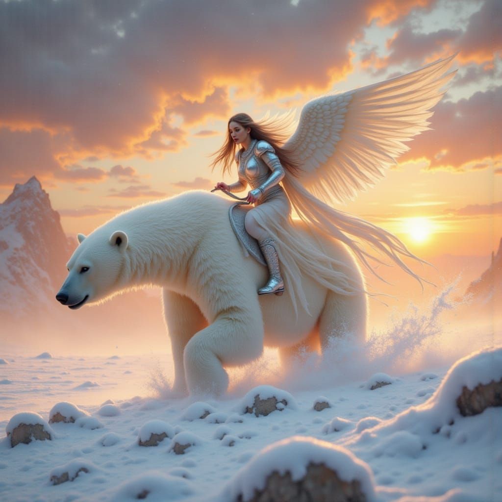 Frost Angel Riding Polar Bear on Tundra at Sunset