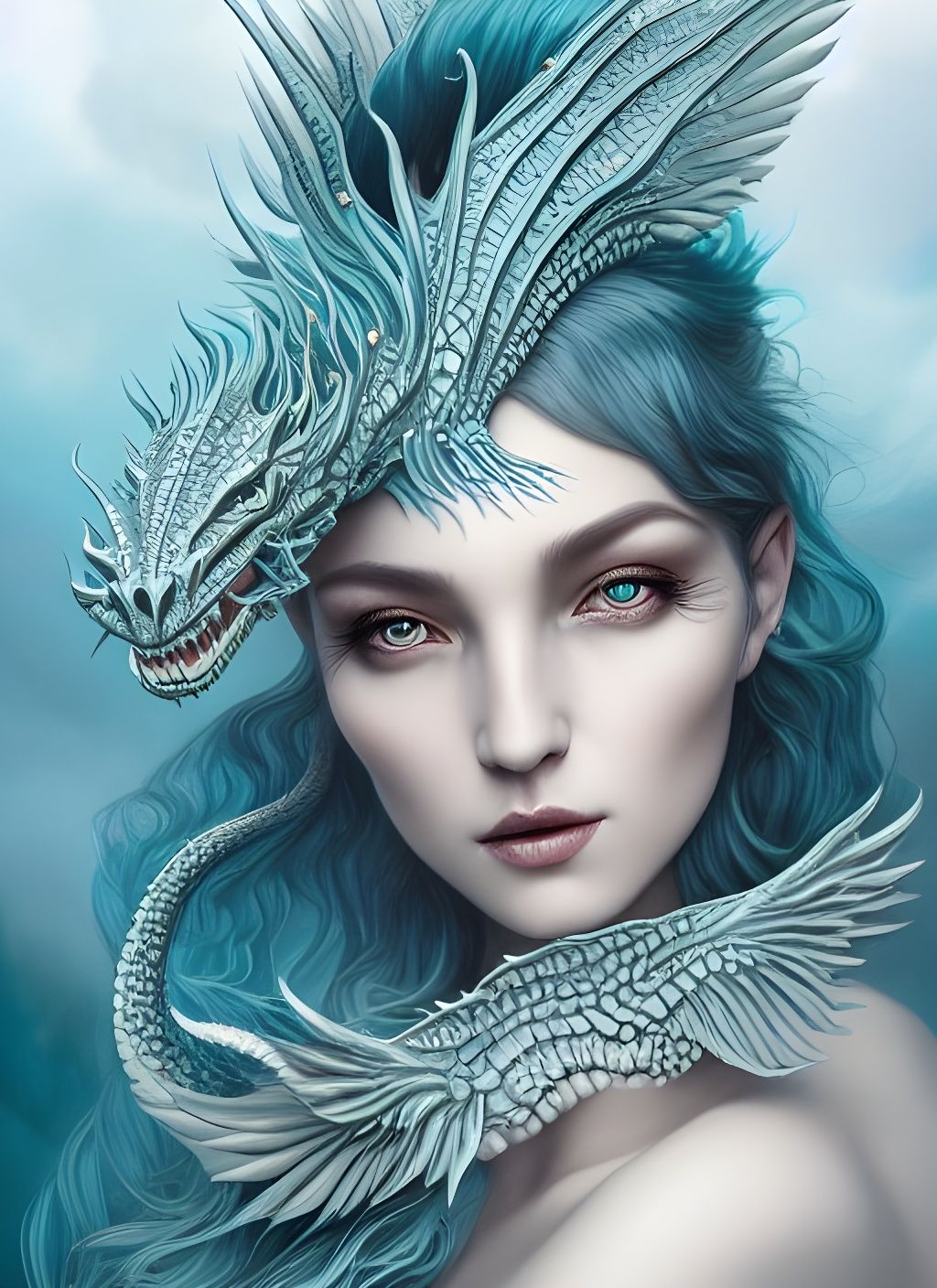 Aquamarine Dragon Woman in Hyper-Detailed Digital Art