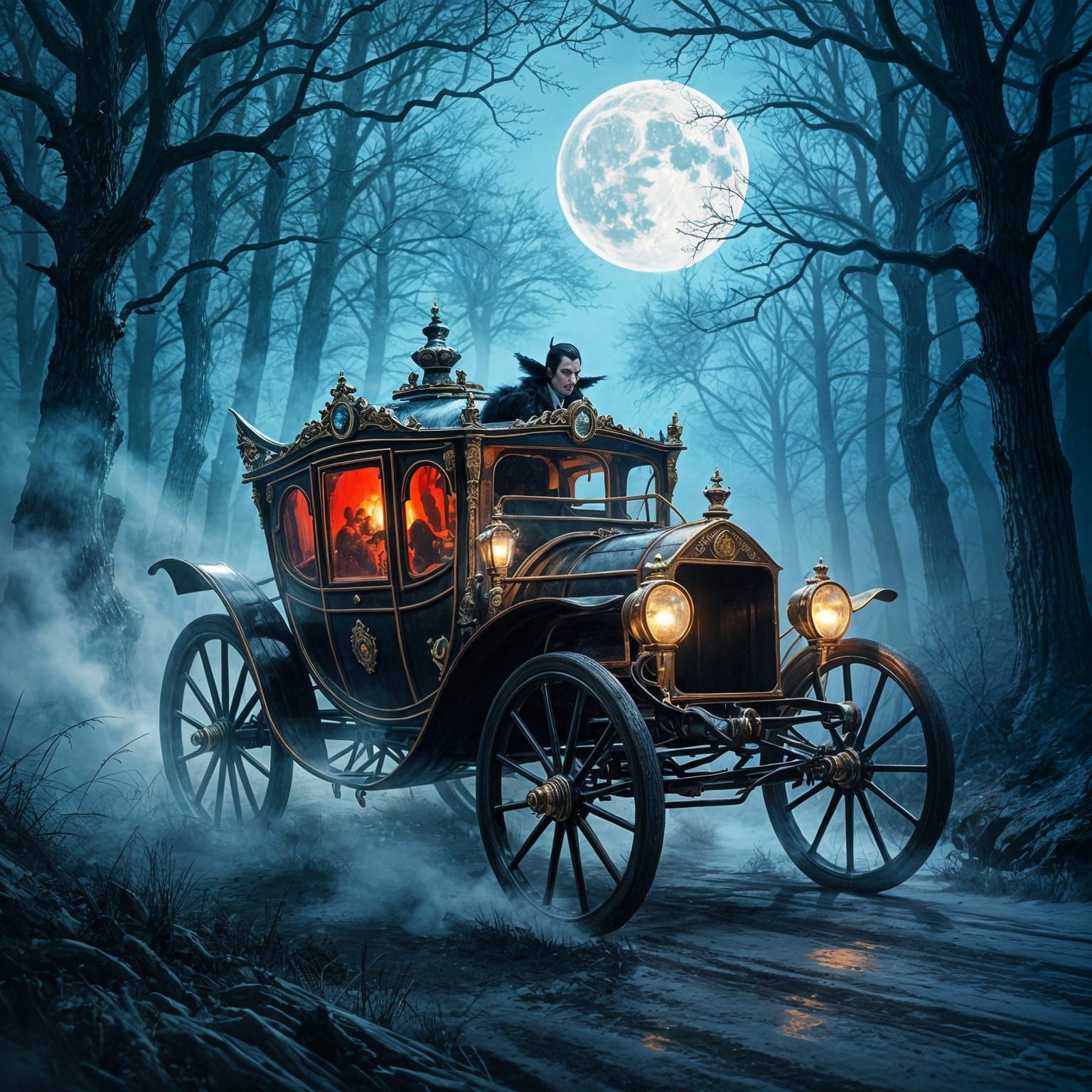 Dracula's Carriage Speeds Through Misty Forest, Airbrush Art