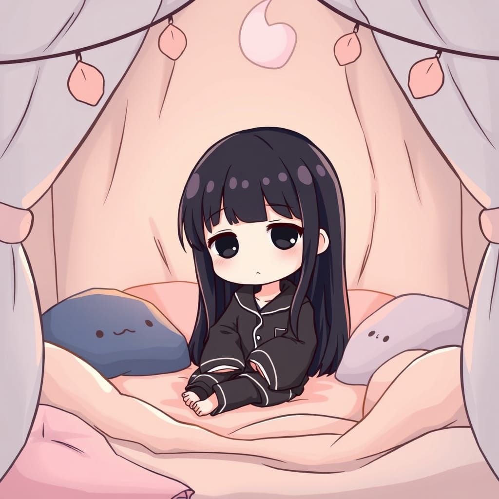 Sad Chibi Girl in Cozy Bed Fort