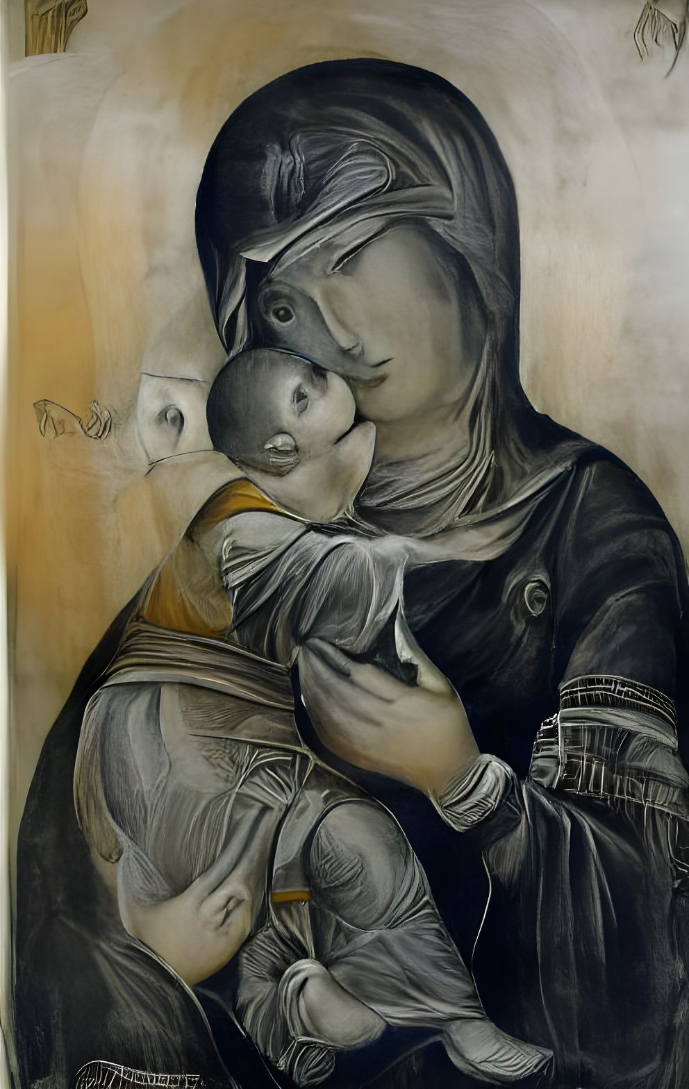 Grisaille Portrait: Mother and Child in Grayscale