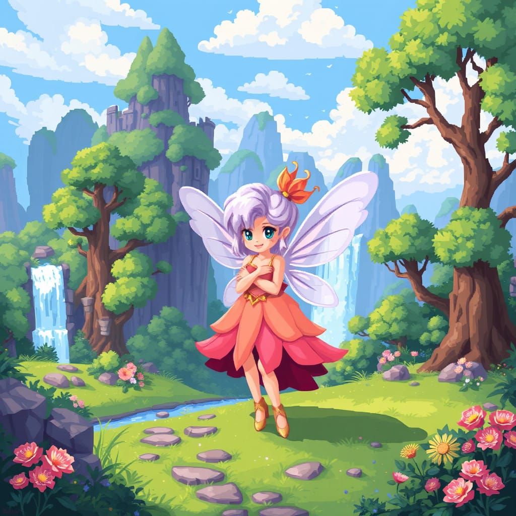 Whimsical 16-Bit Fairy Kingdom in Pixel Art