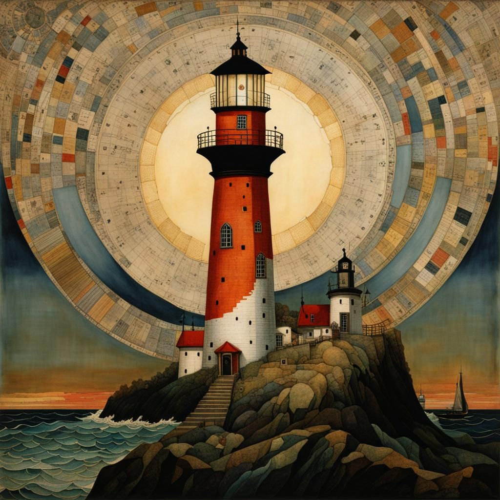 Lighthouse Sunset in Collage, Illustrated Style