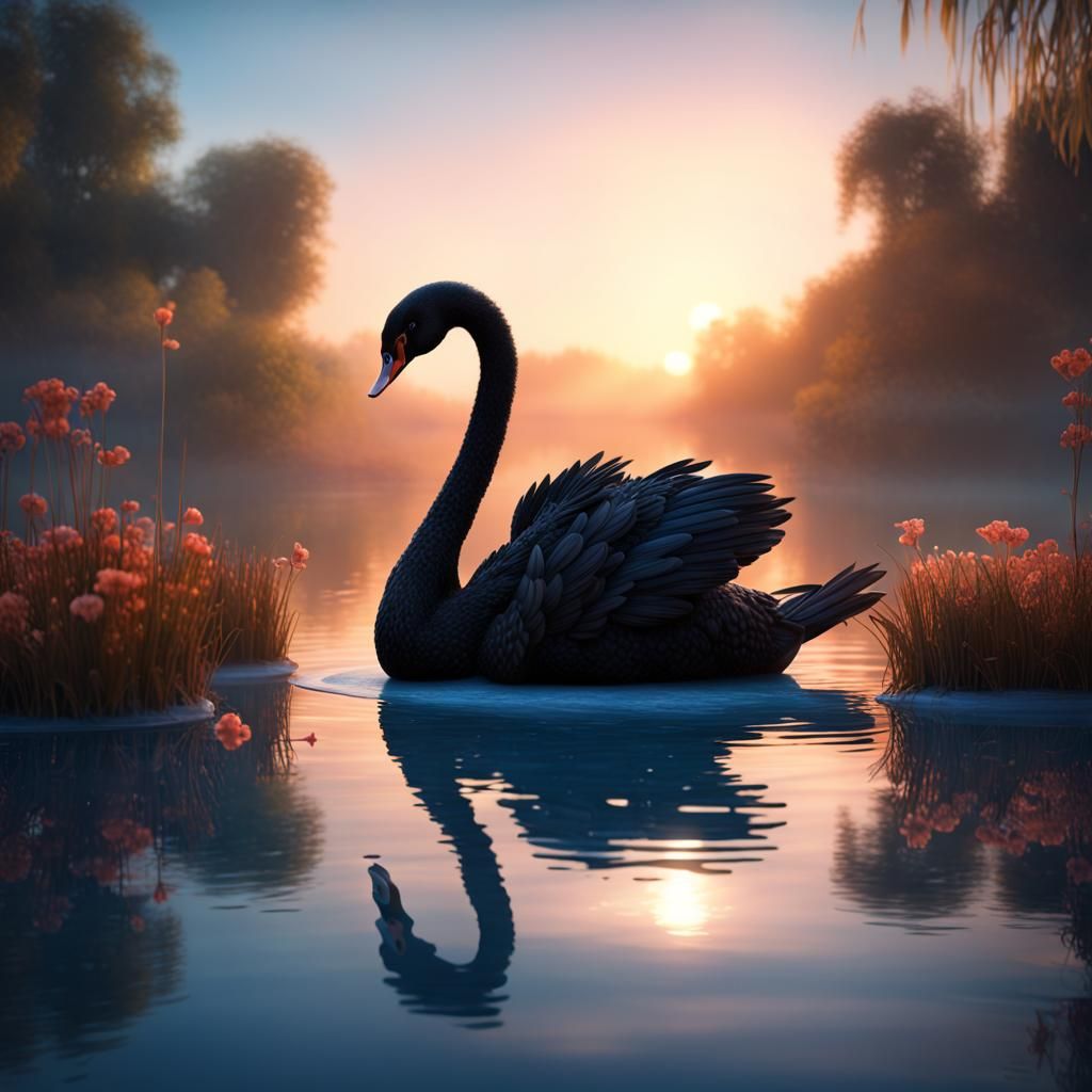 Black Swan on Pond at Sunrise: Fantasy Concept Art