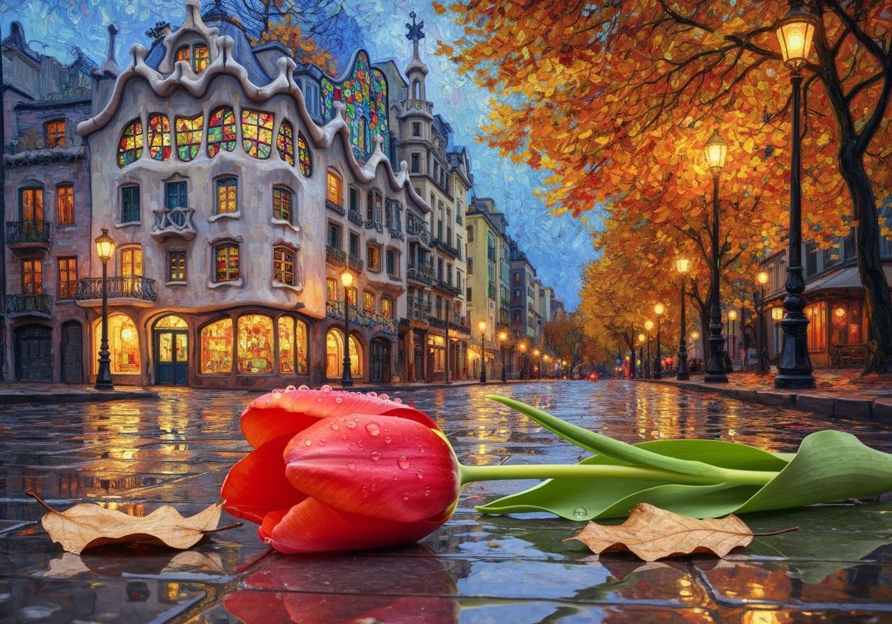 Gaudi Cityscape with Tulip in Van Gogh Style