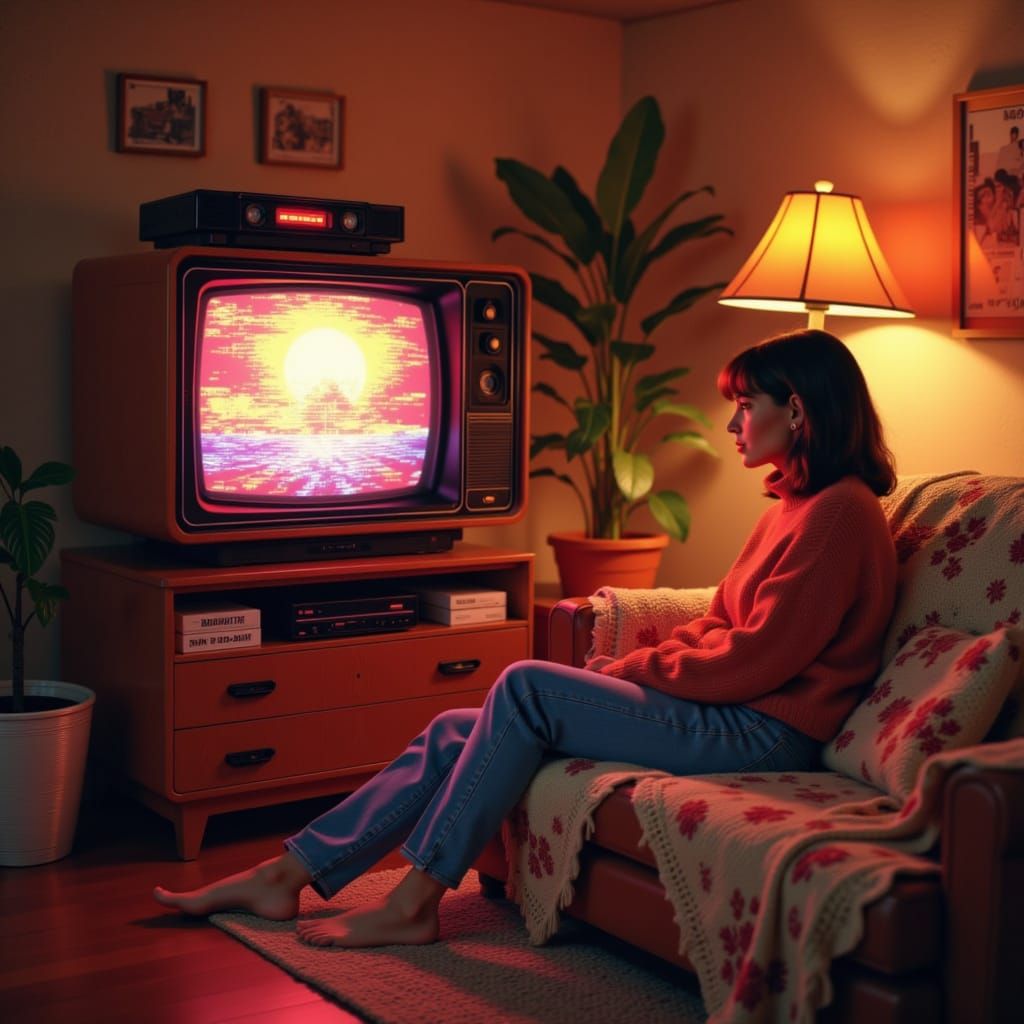 Cozy 1980s Living Room Scene with Woman and Retro TV