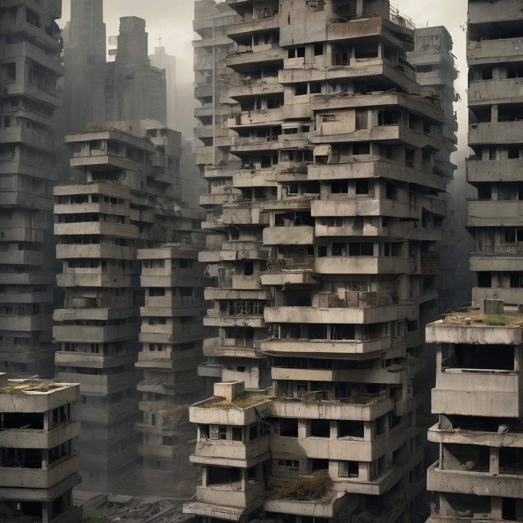 dense, dystopian concrete city, muted colors sinister by Greg Rutkowski