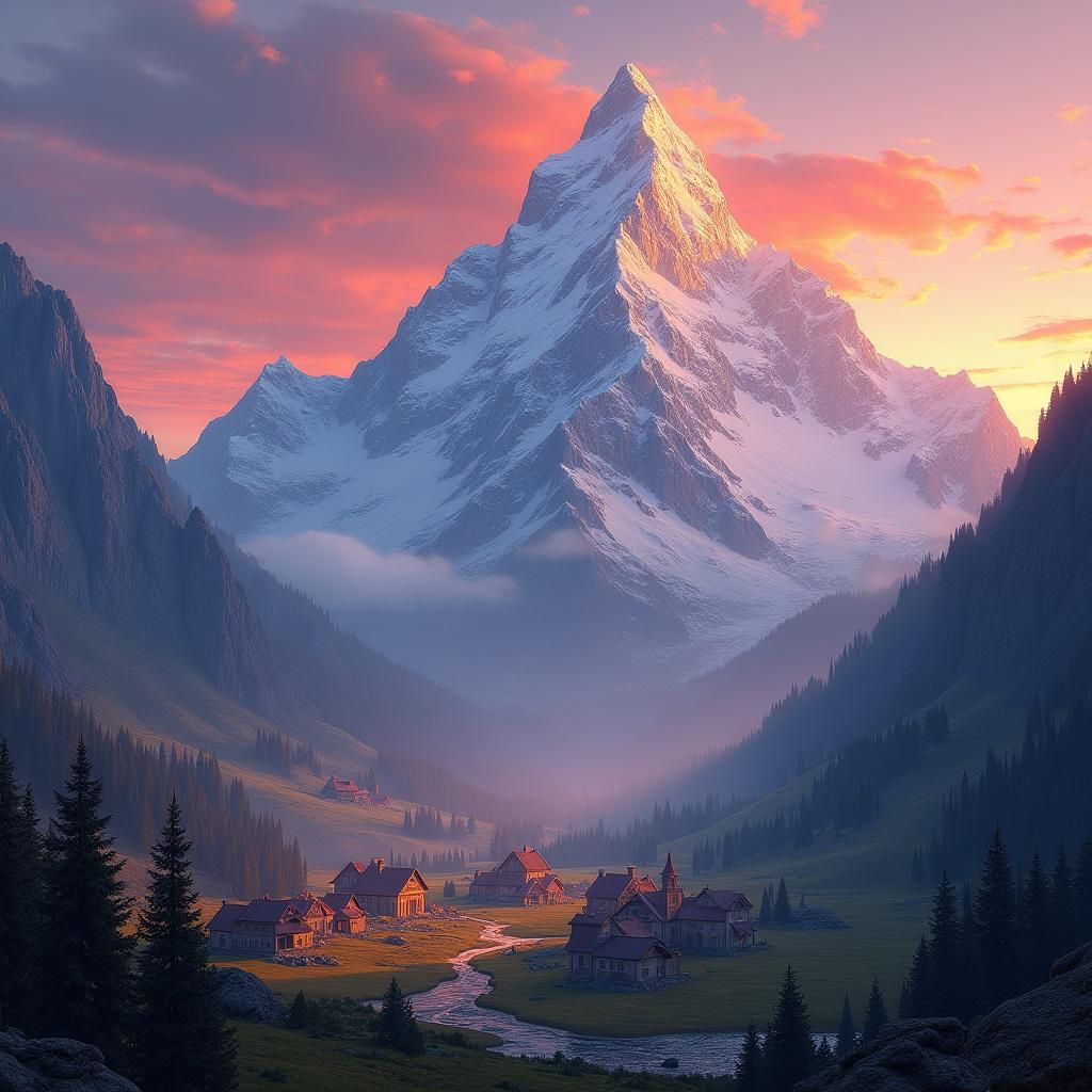 Snowy Mountain Village at Sunset: Fantasy Concept Art