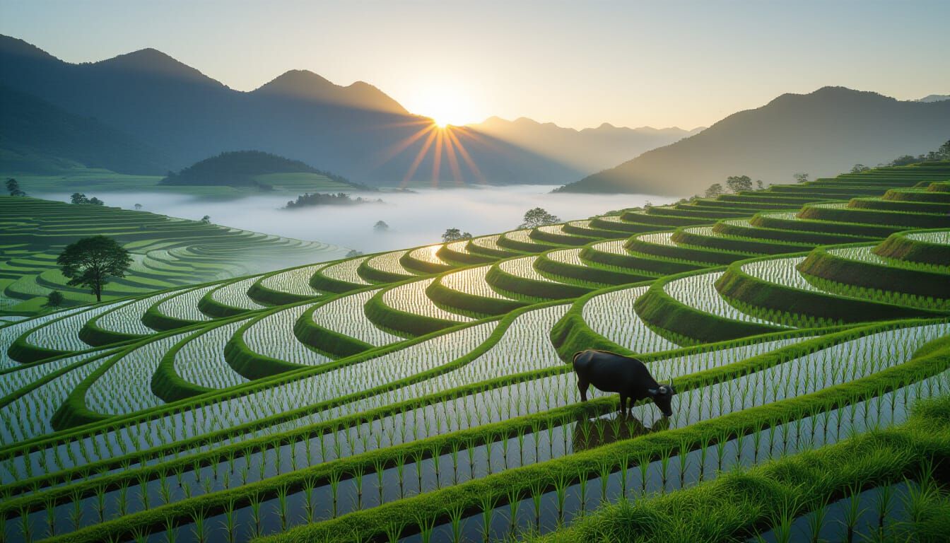 Misty Terraced Rice Fields of Vietnam at Dawn