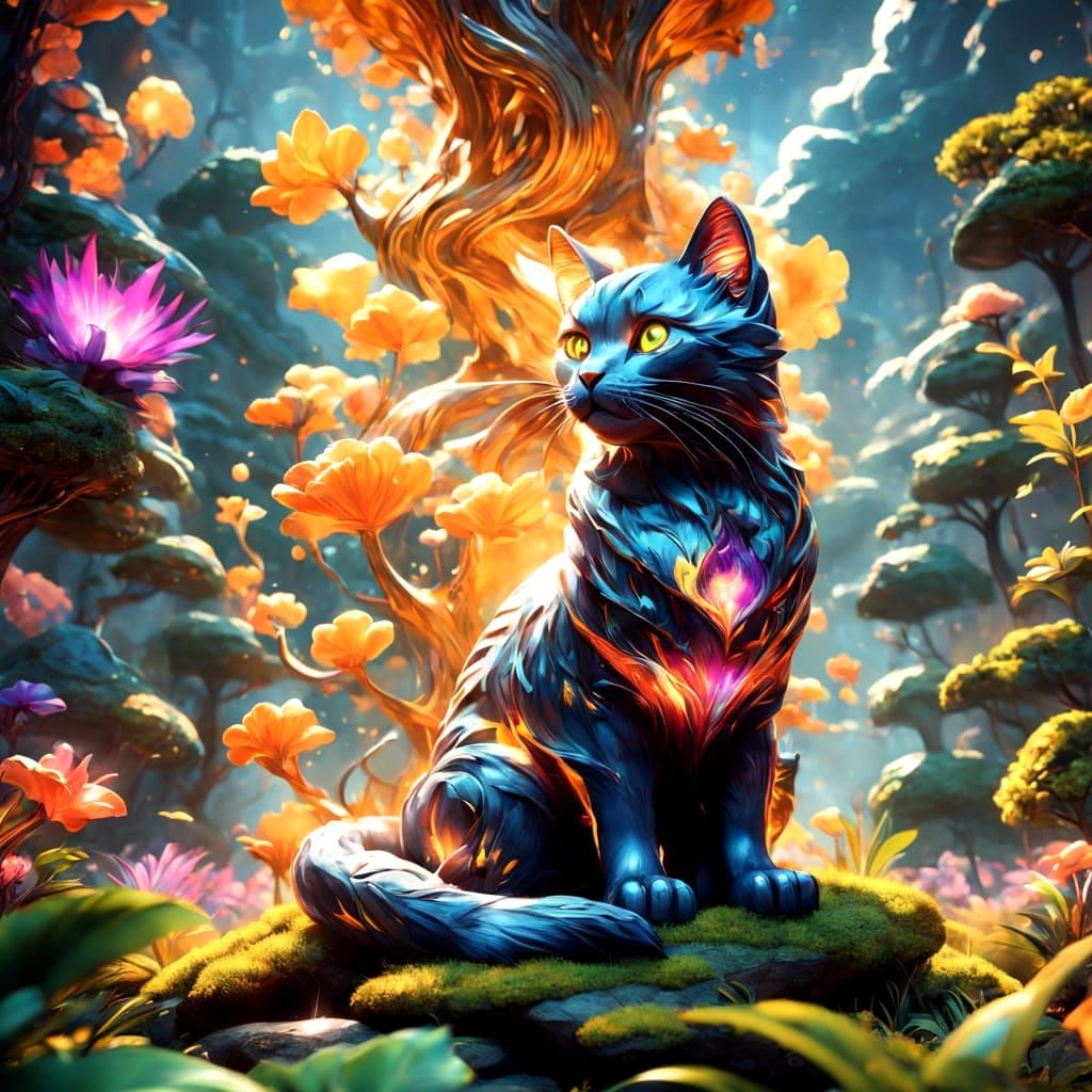 Whimsical Feline on Mystical Rocks